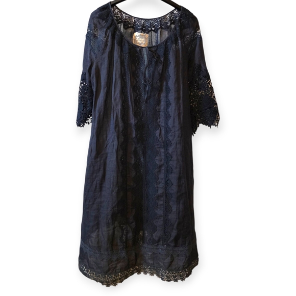 Johnny Was Black Lace Lightweight 3/4 Sleeve Tunic Style Midi Dress - Picture 1 of 6